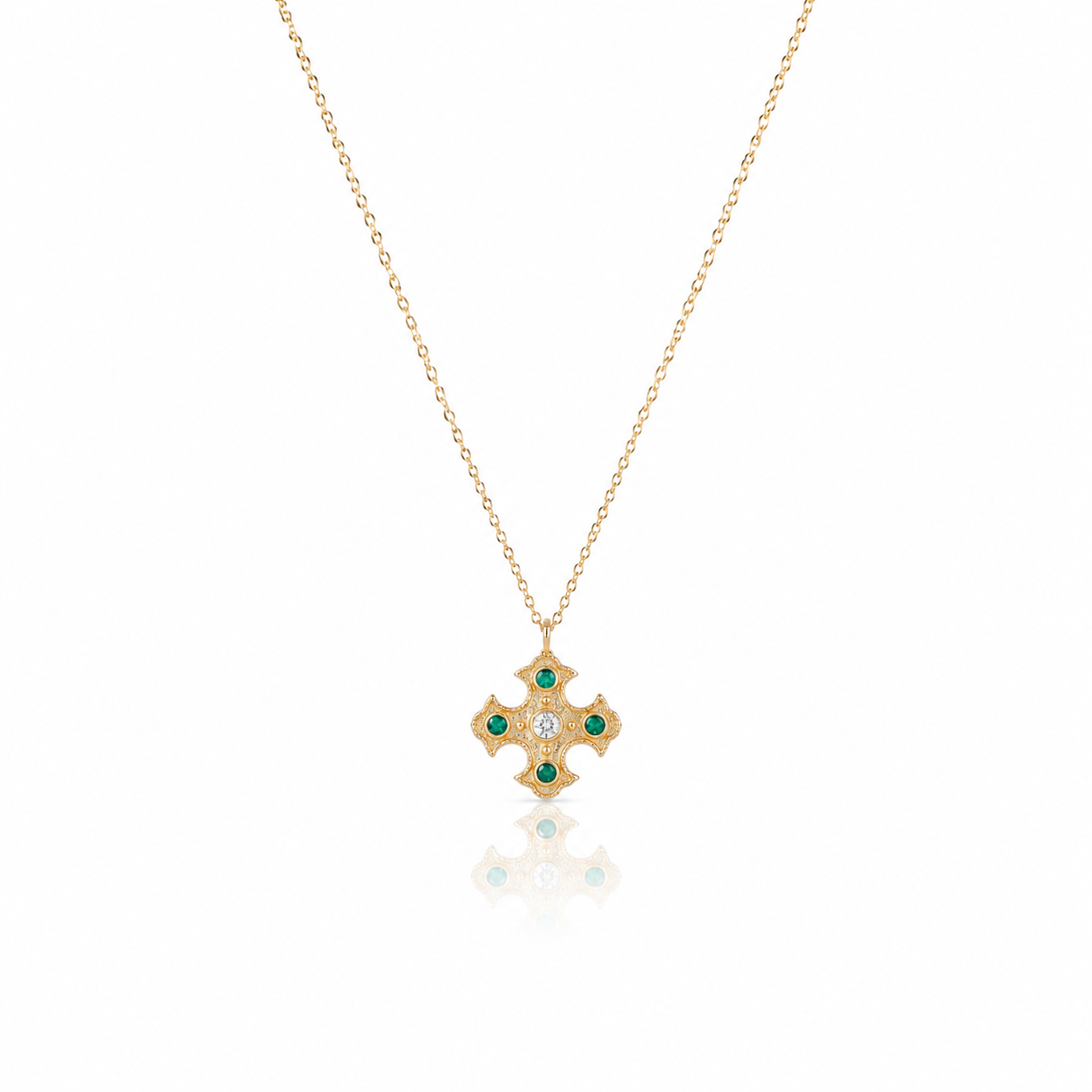 Bizermani Cross- Sterling silver gold-plated green zirconia