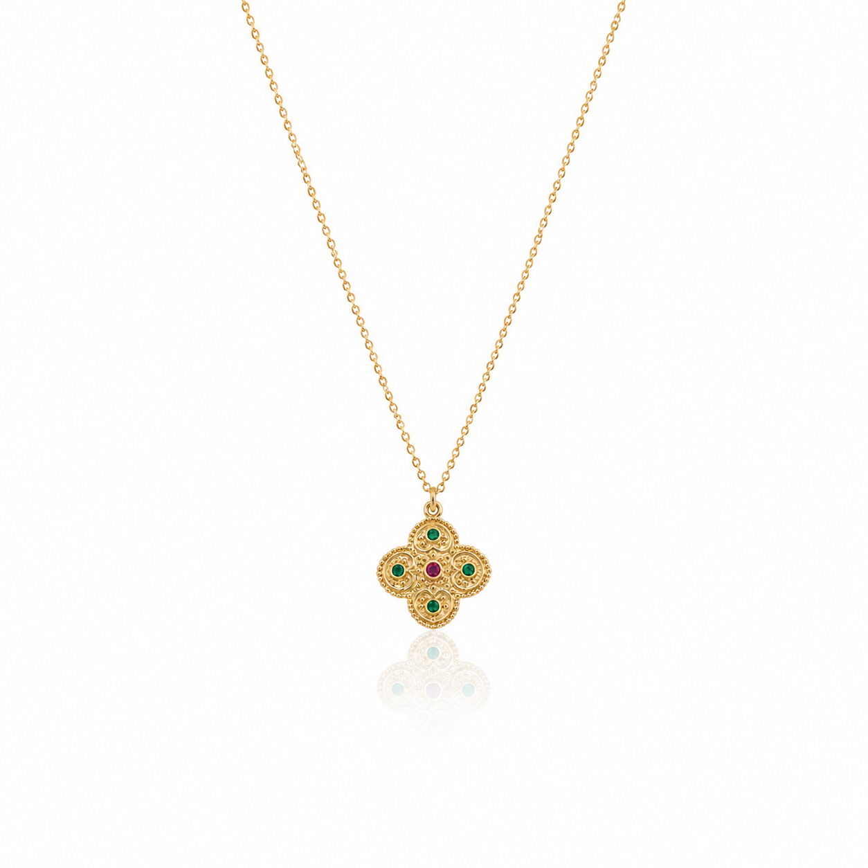 Bizermani Cross – Sterling silver gold-plated green and red zirconia