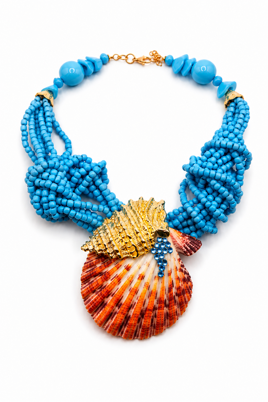 Turquoise necklace with real shell, beads and crystals